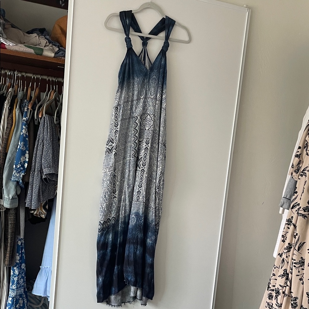 Blue and Silver Sleeveless Halter Maxi Sundress